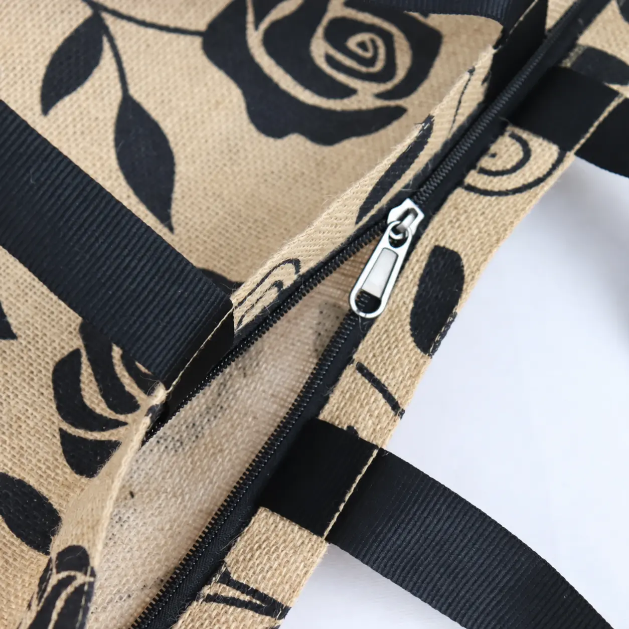 Floral Jute Tote Bag with Zipper