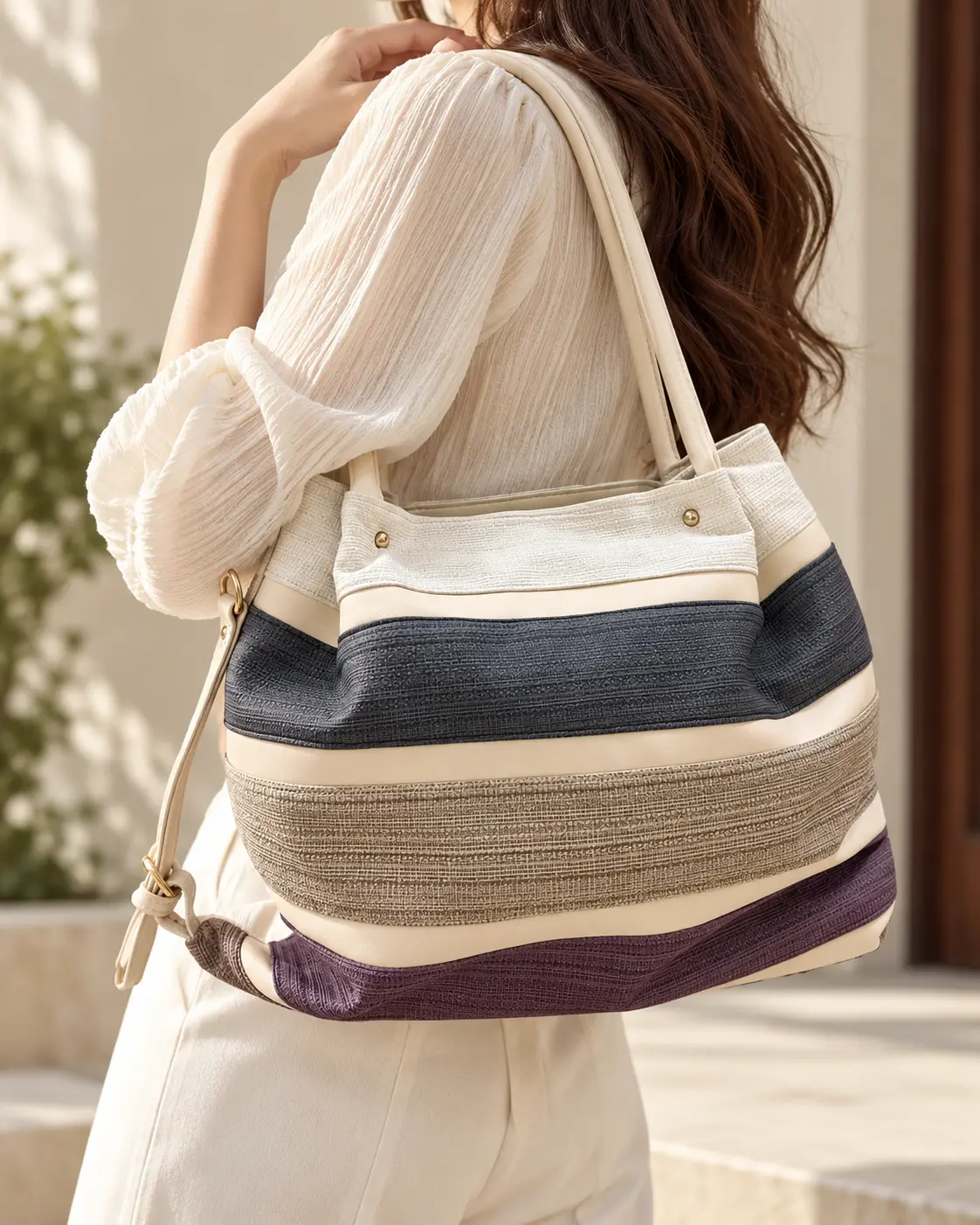 Ivory Stripe Leather Tote Bag